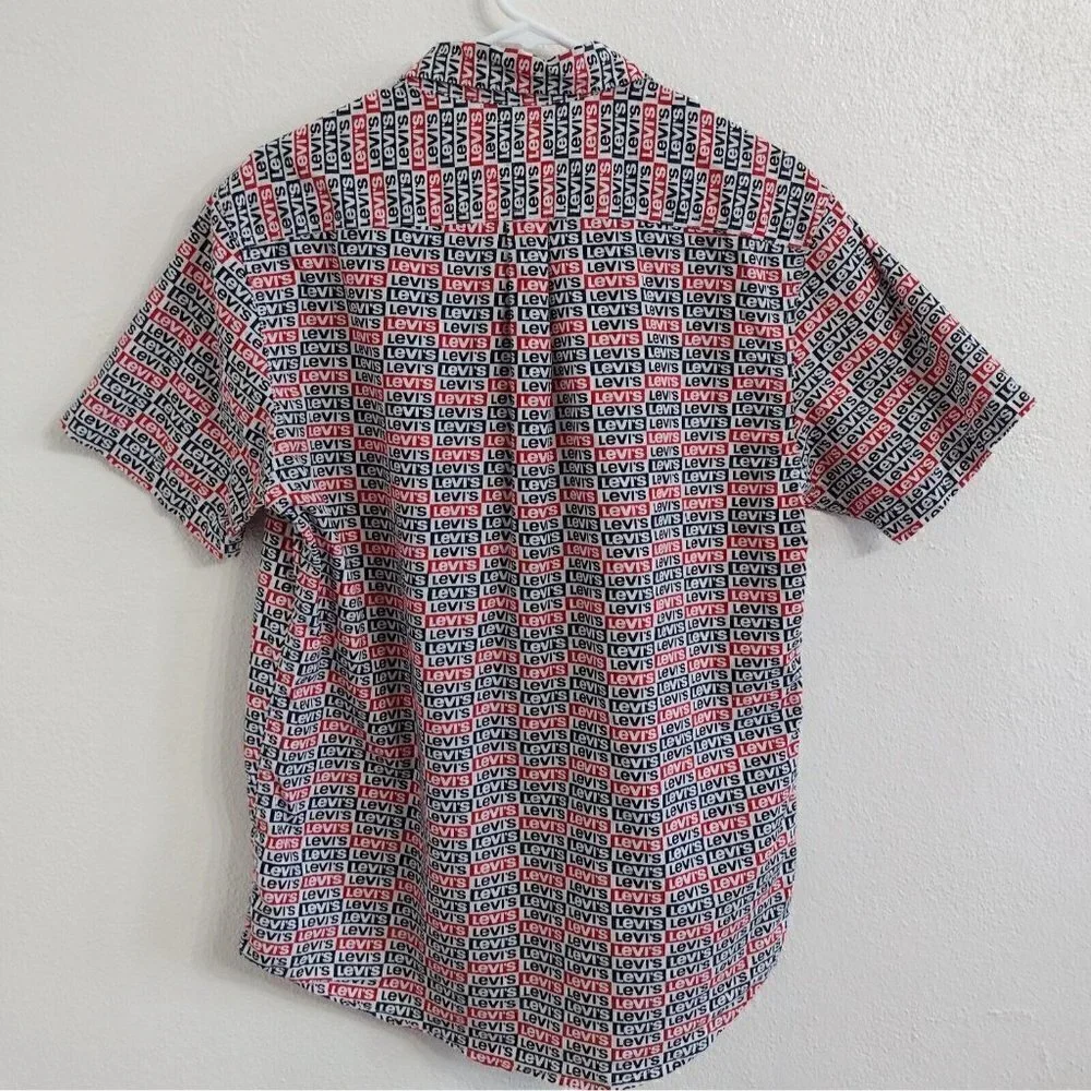 Levis Classic Retro Logo Pattern Button Down Shirt Short Sleeve Mens Medium
